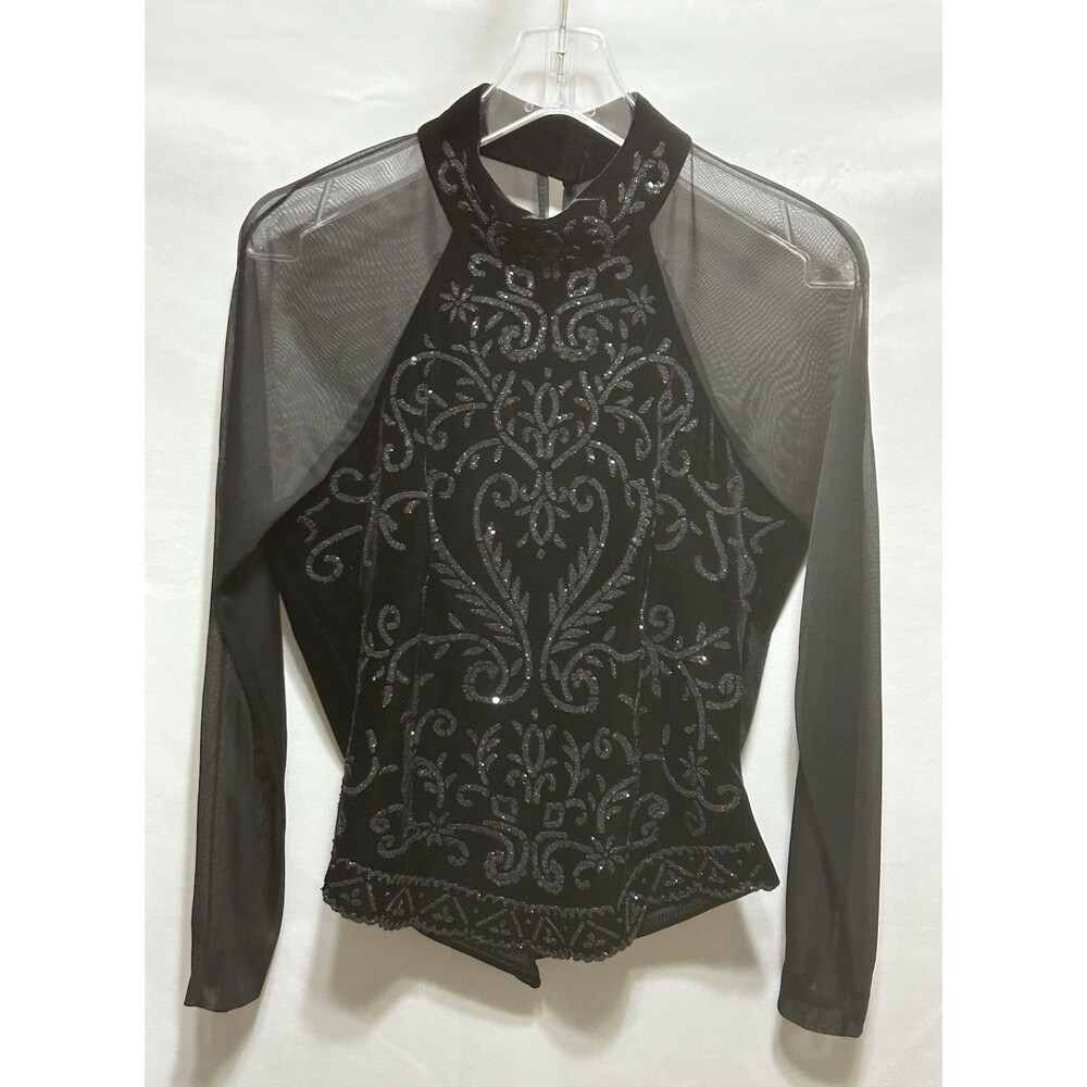 MSK Womens L Black Beaded Sparkle‎ With Mesh Sleeves Top